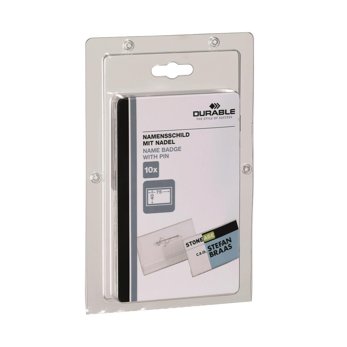 Namnskylt med nål, 75x40mm, i plastfäste
