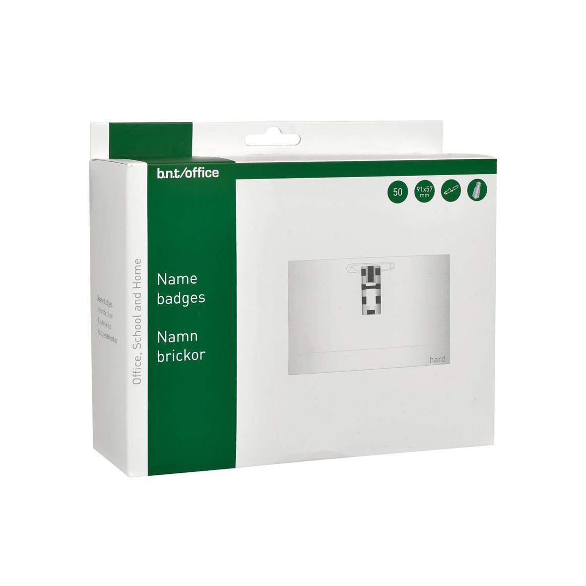 Namnskylt med nål/klämma 57x91mm i vitt och grönt
