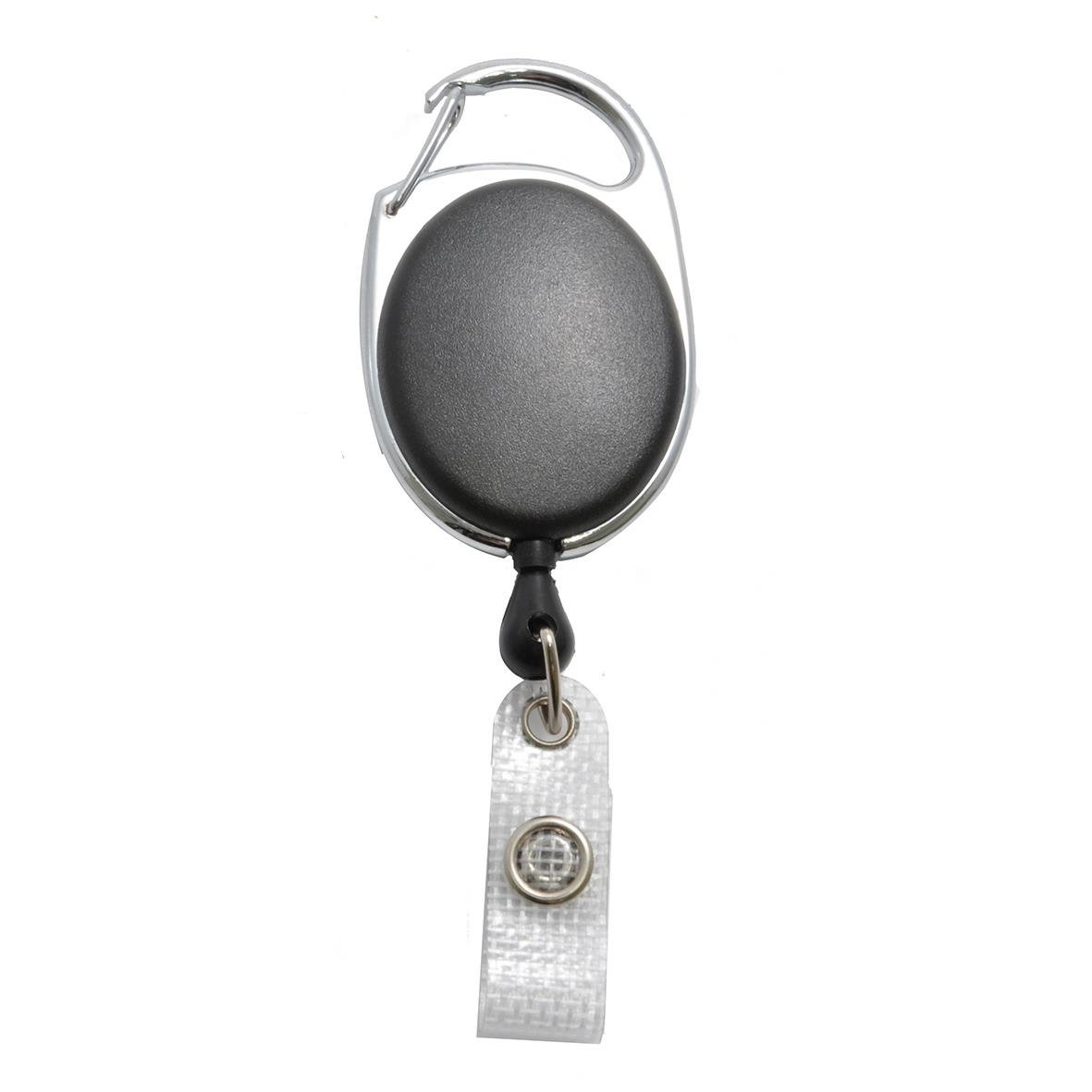 Svart korthållare med bältesklämma och id-strap för kort, rund svart knapp och säkerhetsnål