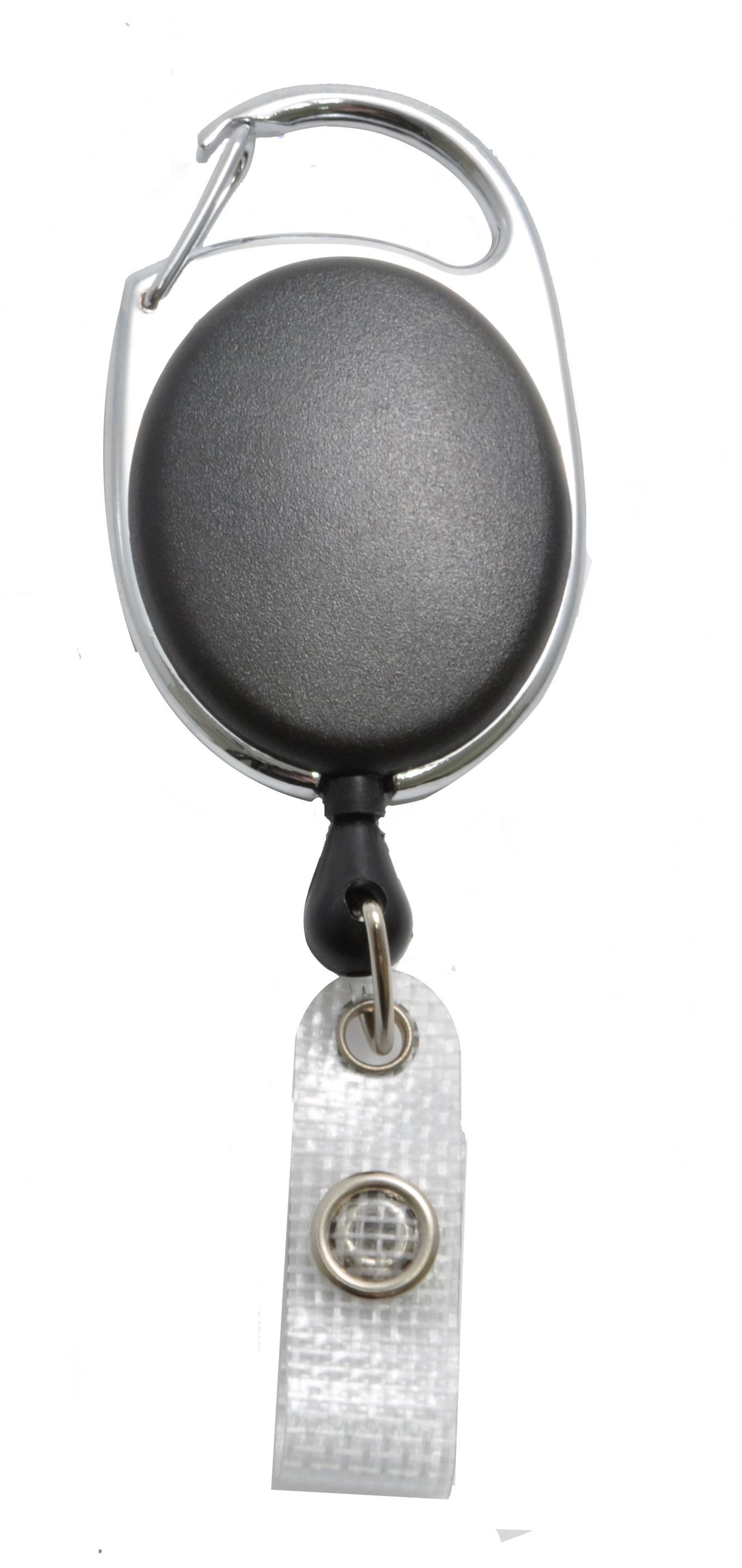 Svart korthållare med bältesklämma och id-strap för kort, rund svart knapp och säkerhetsnål