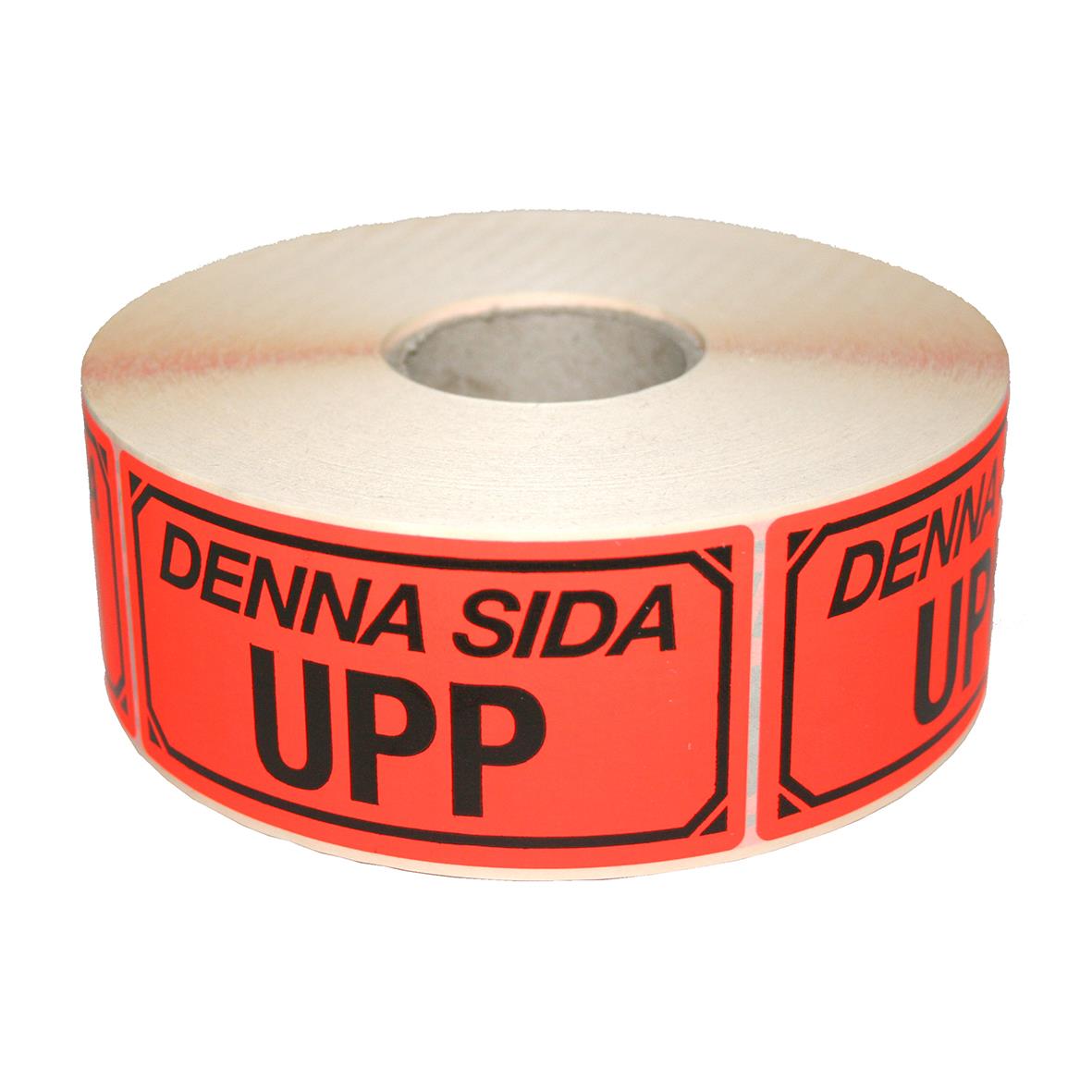 Varningsetikett med text Denna Sida Upp i rött på orange bakgrund