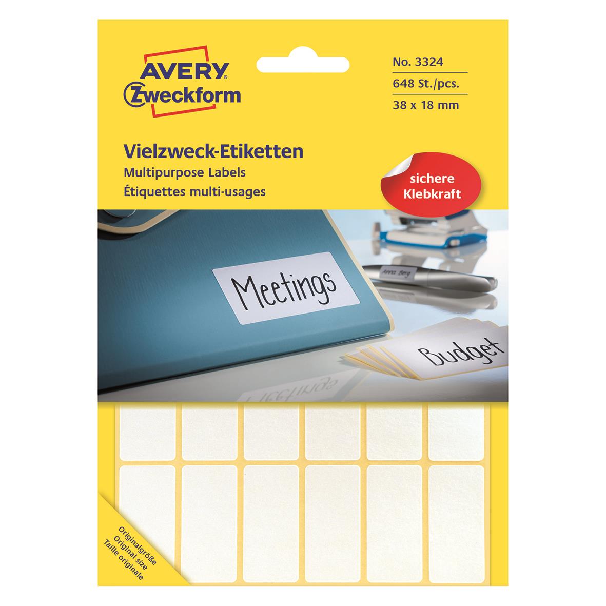 Vit märketikett Avery Zweckform permanent 38x18mm för mötes- och budgetetiketter