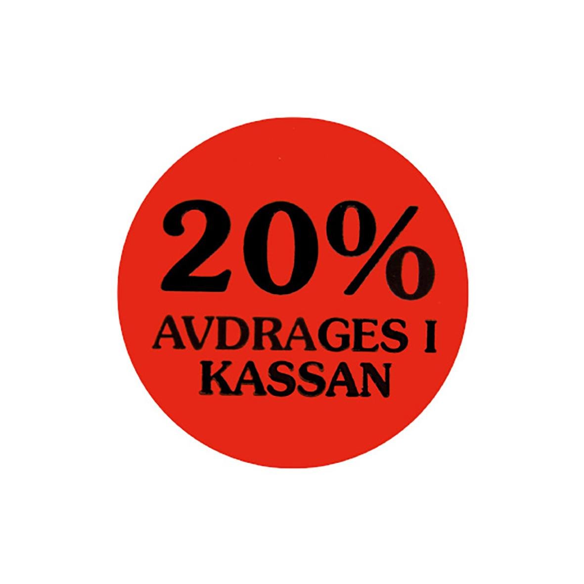 Röd rund etikett med 20% rabatttext och avdrag i kassan, diameter 29mm