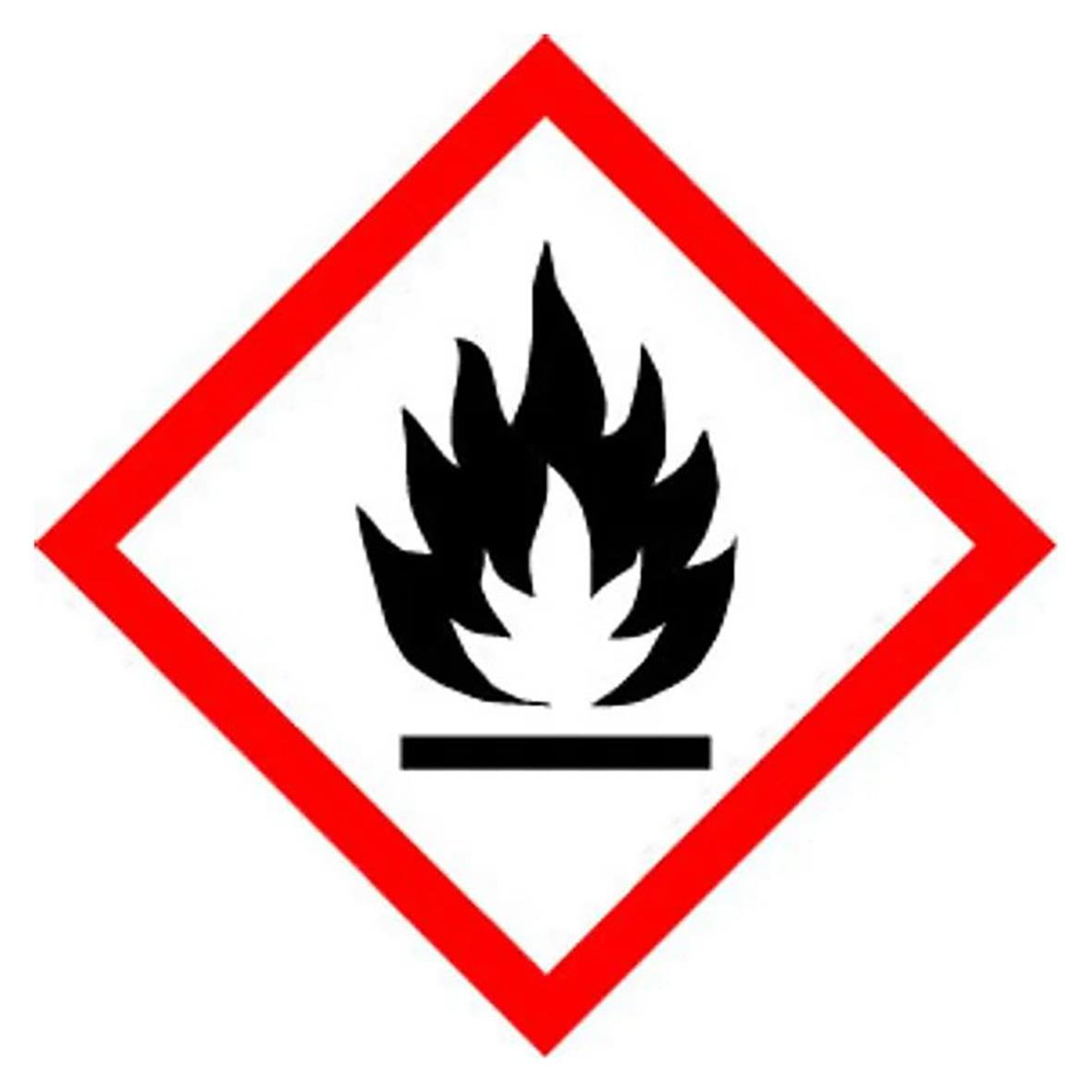 Faropiktogram för brandfarligt material med svart flamma på vit bakgrund inramad av rött diamantformat tecken
