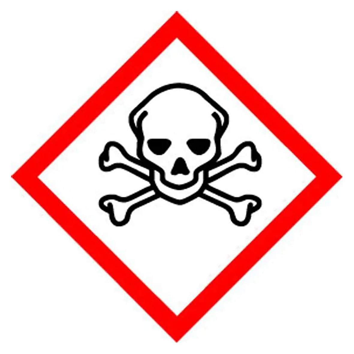 Giftig faropiktogram med dödskalle och korsade ben i rött ram