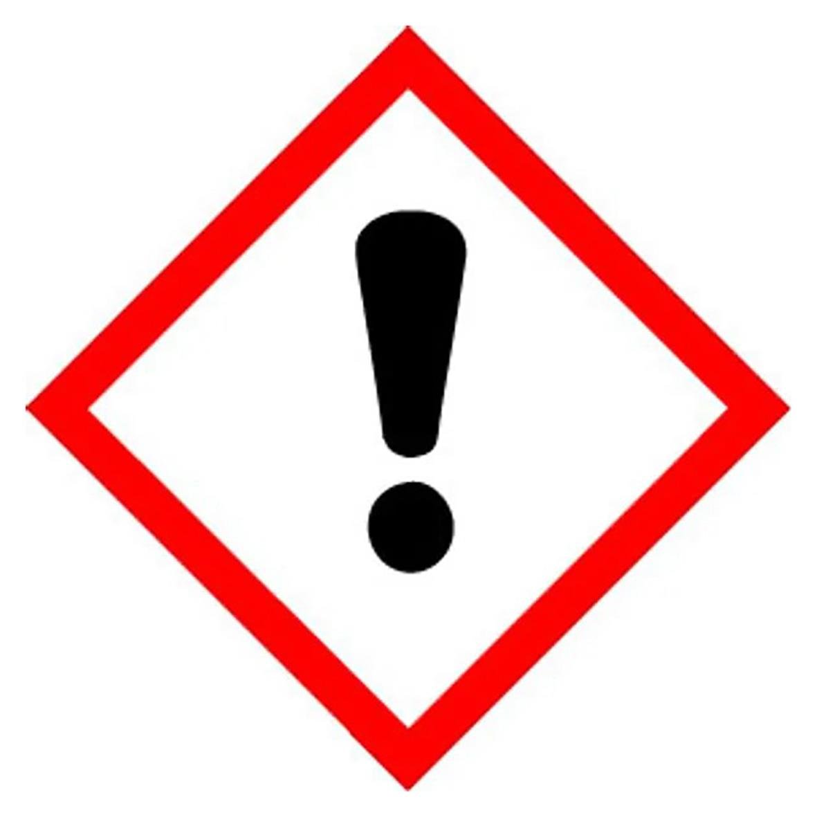 Faropiktogram med svart utropstecken i rött ram på vit bakgrund för farlig kemikalie