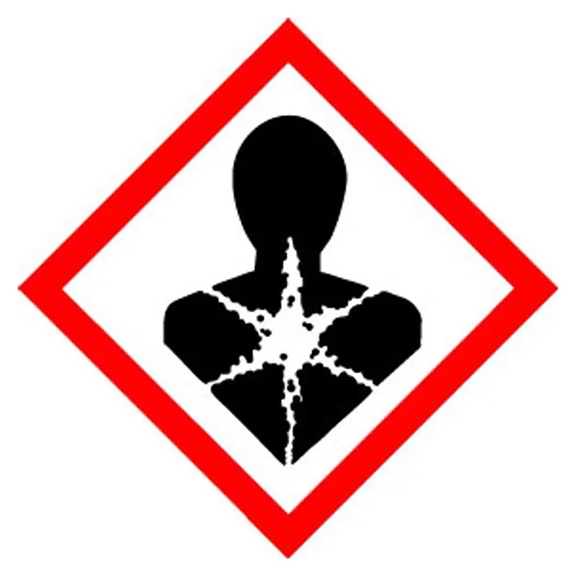 Faropiktogram med hälsorisk, svart siluett av en person med sprutande vätska på bröstet, omgiven av röd ram