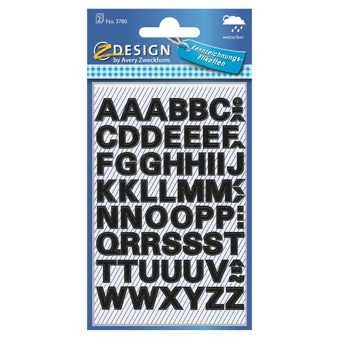 Bokstavsetikett Avery 9,5mm A-Z svart för märkning och etikettering