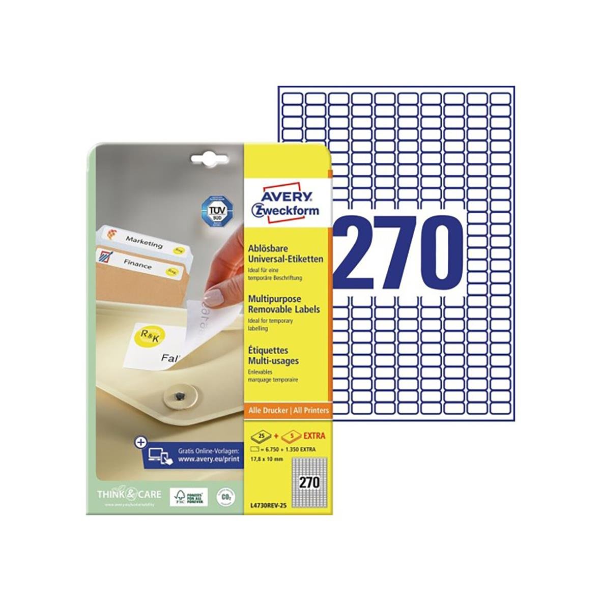 Universaletikett Avery L4730 avtagbara vita 17,8x10mm med 270 etiketter