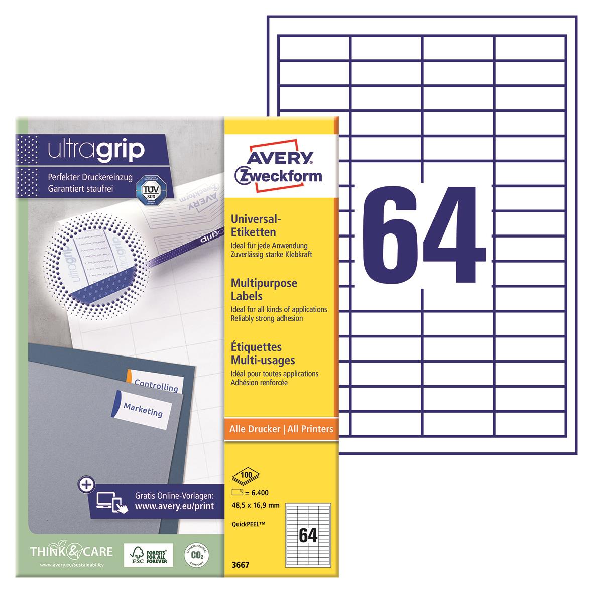 Vit universaletikett Avery 3667 48,3x16,9mm för allmän användning i packning och märkning