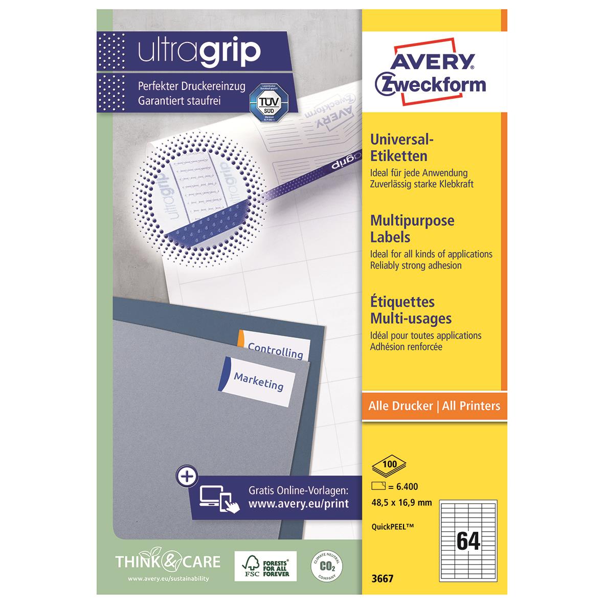 Vit universetikett Avery 3667 48,3x16,9mm för alla skrivare, stark klister, multipurpose, 64 etiketter per ark