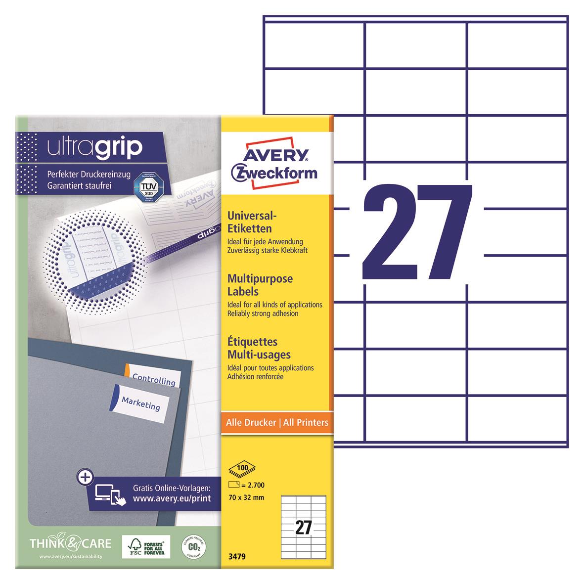 Universaletikett Avery med olika storlekar och typer av självhäftande etiketter
