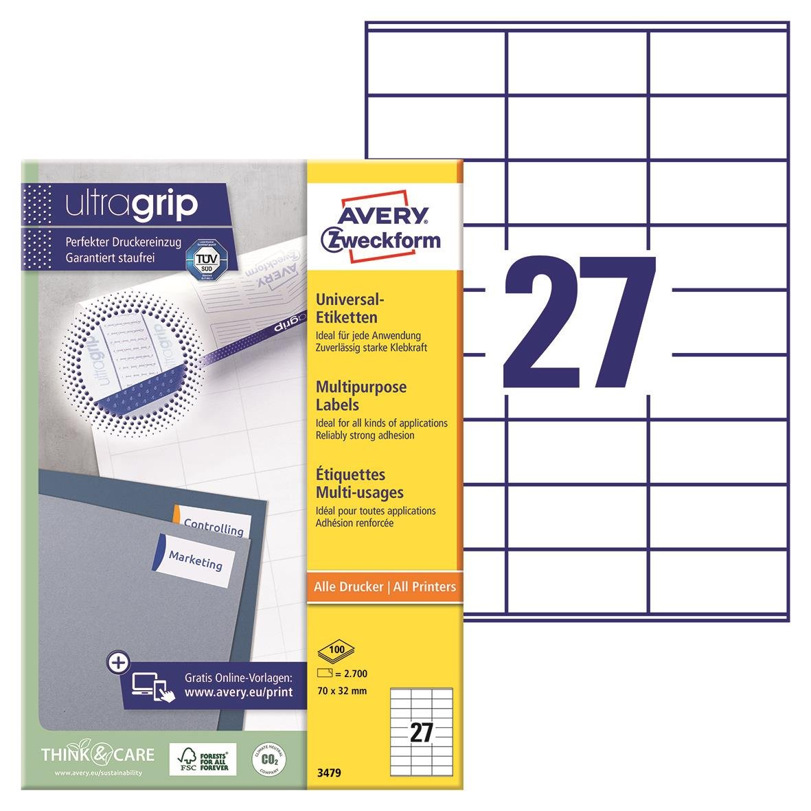 Vit universaletikett Avery 3479 70x32mm för alla skrivare