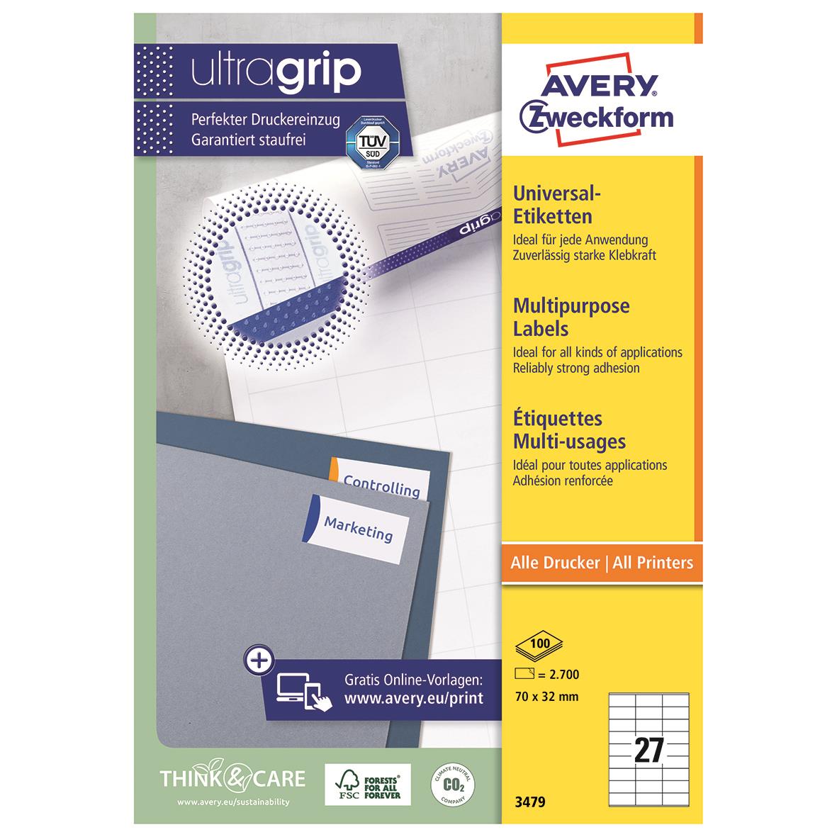 Vit universaletikett Avery 3479 70x32mm för alla skrivare, stark klister, multipurpose, 100 etiketter per förpackning