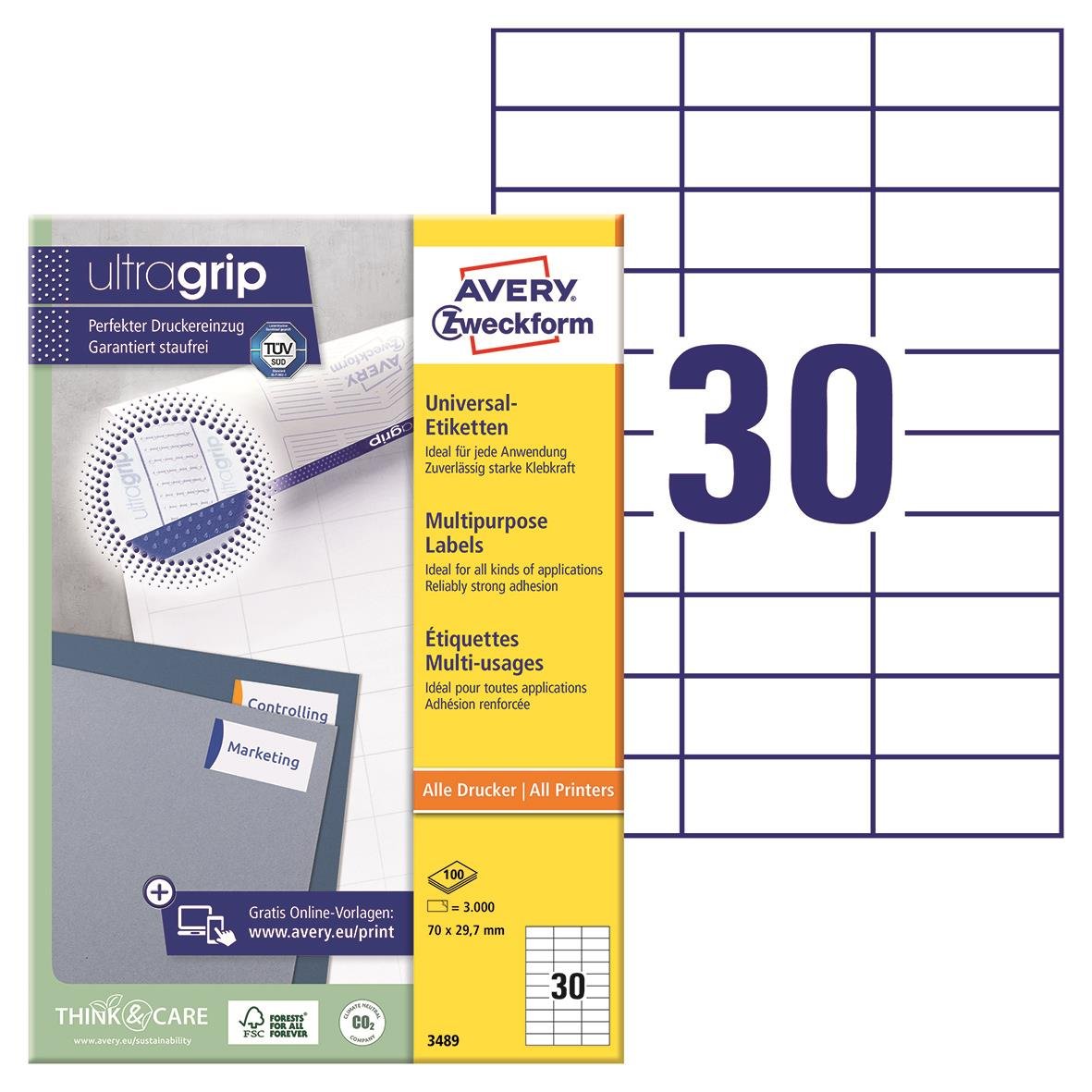 Vit universaletikett Avery 3489 70x29,7mm för alla skrivare, 30 etiketter per förpackning