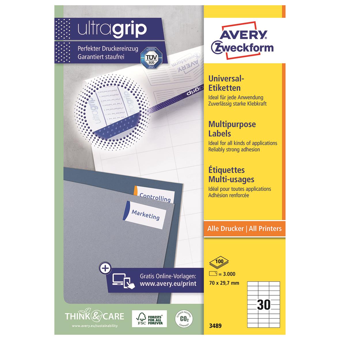 Vit universell etikett Avery 3489 70x29,7mm för alla skrivare, stark klister