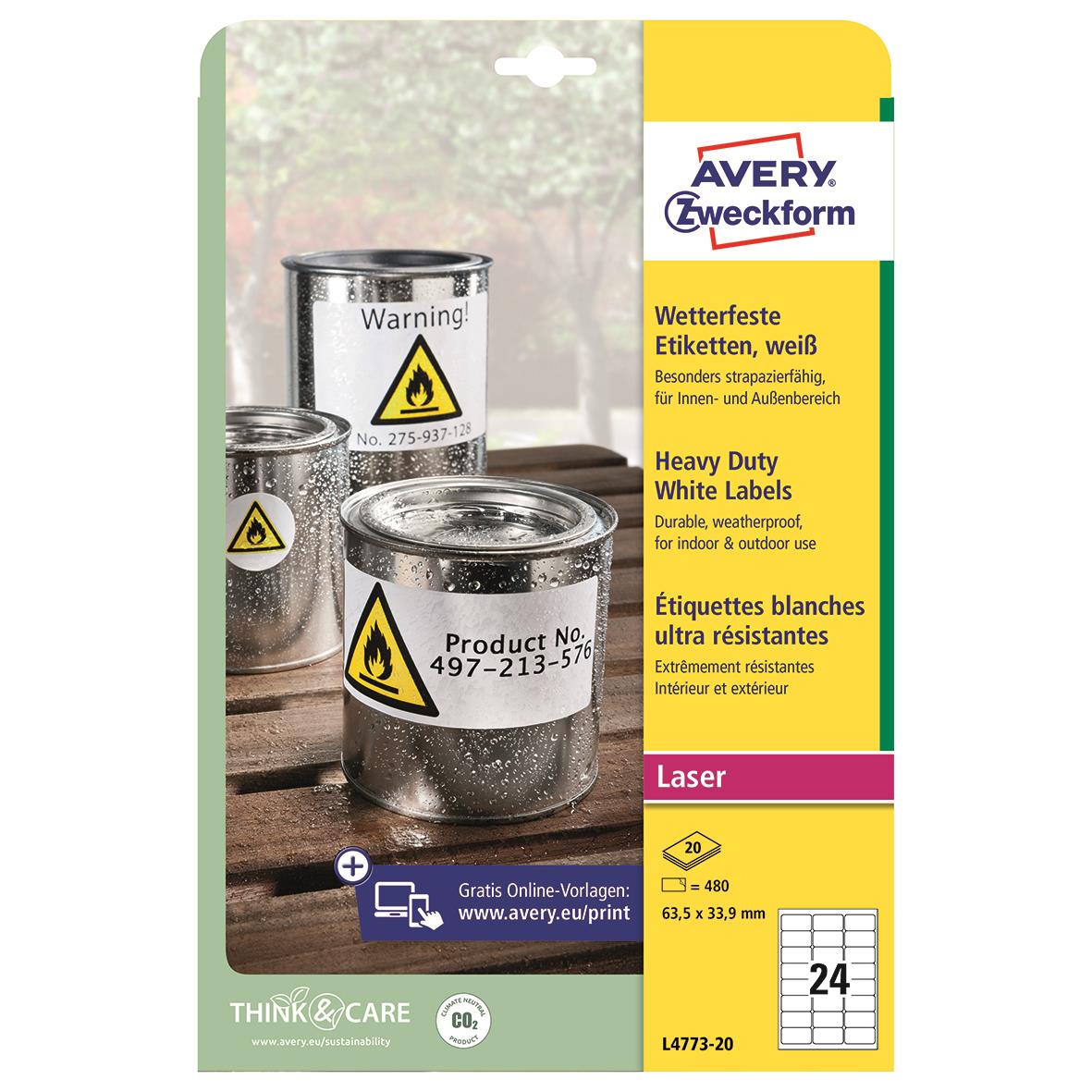 Vit laseretikett Avery L4773 för inomhus och utomhusbruk, 63,5x33,9mm, 24 etiketter per förpackning