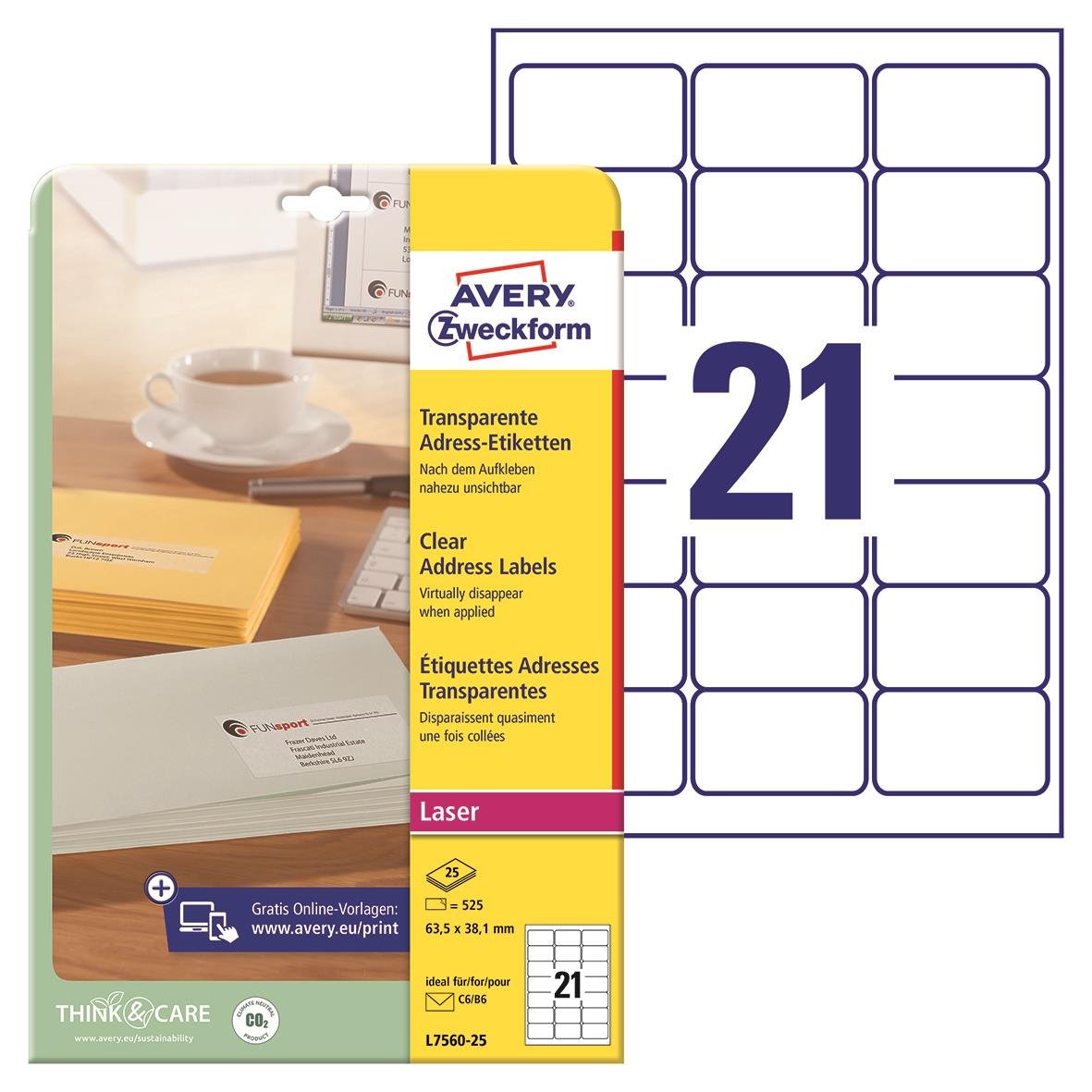 Transparenta Avery L7560 laseretiketter 63,5x38,1mm med 21 etiketter per ark