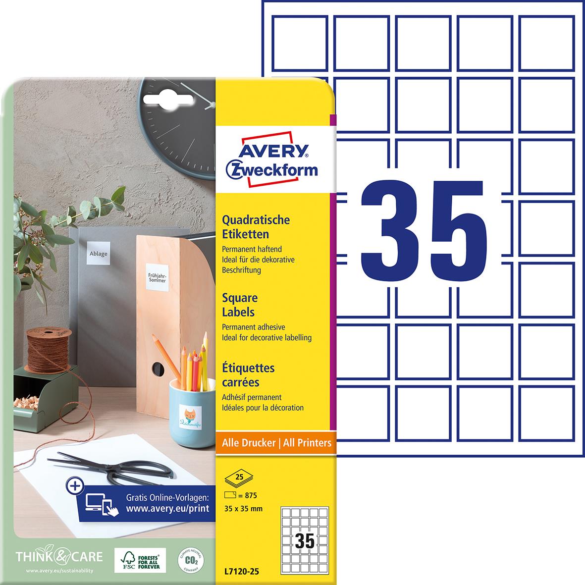 Laseretikett Avery L7120 QR-kod 35x35mm med fyrkantiga etiketter och QR-kod