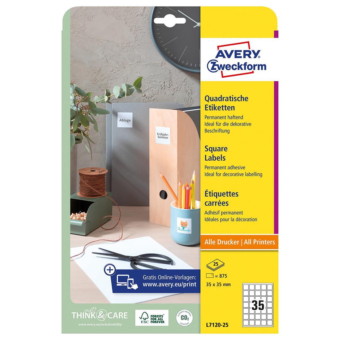 Avery L7120 QR-kod laseretikett 35x35mm för dekorativ märkning, visar skrivare, etikettark och kontorsmaterial