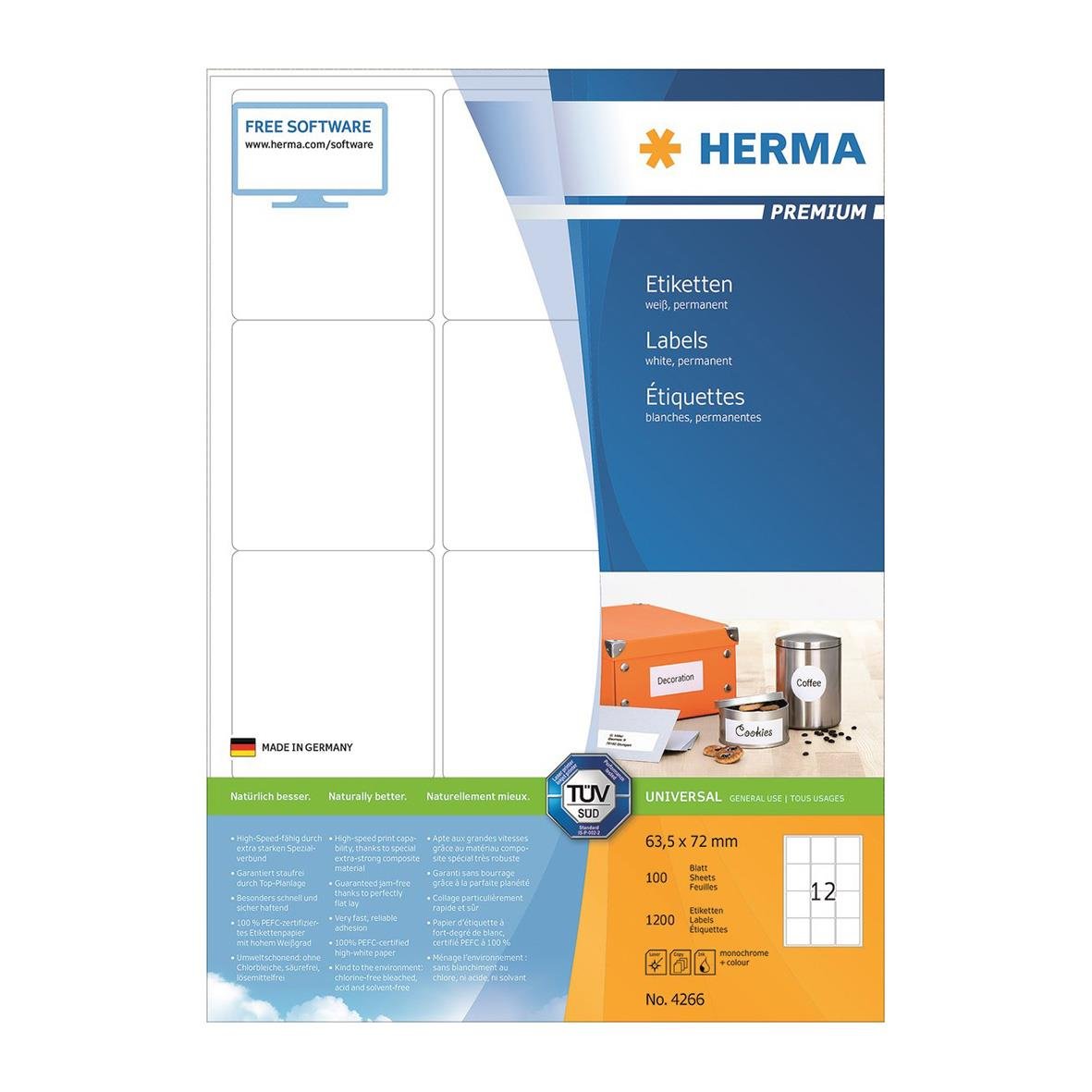 Etiketter på ark Herma Laser 63,5x72mm 1200st, vita, permanenta, för utskrift, 48,5x25,4mm, 100 blad, 4000 etiketter
