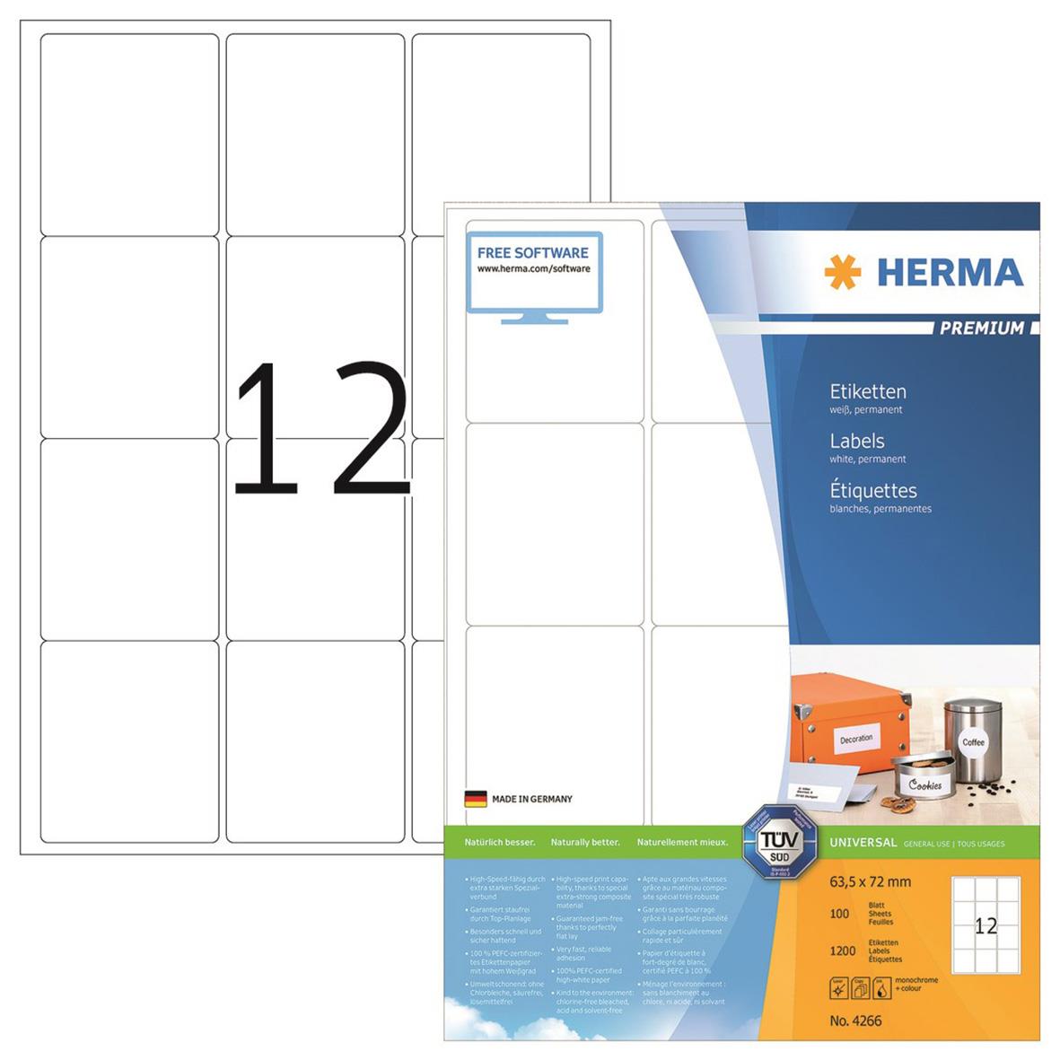 Förpackning med etiketter från HERMA, 12 etiketter per ark, storlek 65,3 x 72 mm, för märkning och organisering.