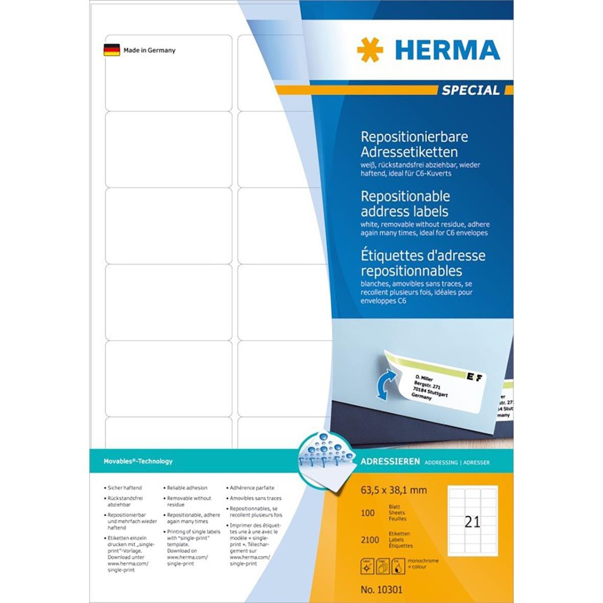 Herma laseretiketter för flyttbara adresser, repositionsbara, 63,5x38,1 mm, 100 etiketter per förpackning, svensk och tysk text