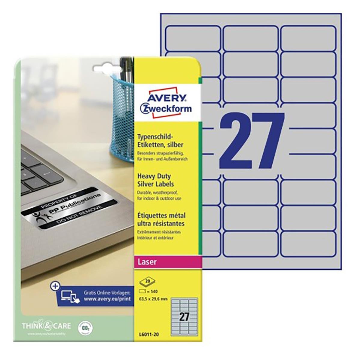 Laseretikett Avery L6011 Heavy Duty Silver 63,5x29,6mm, 27 etiketter på ark, gul och blå förpackning