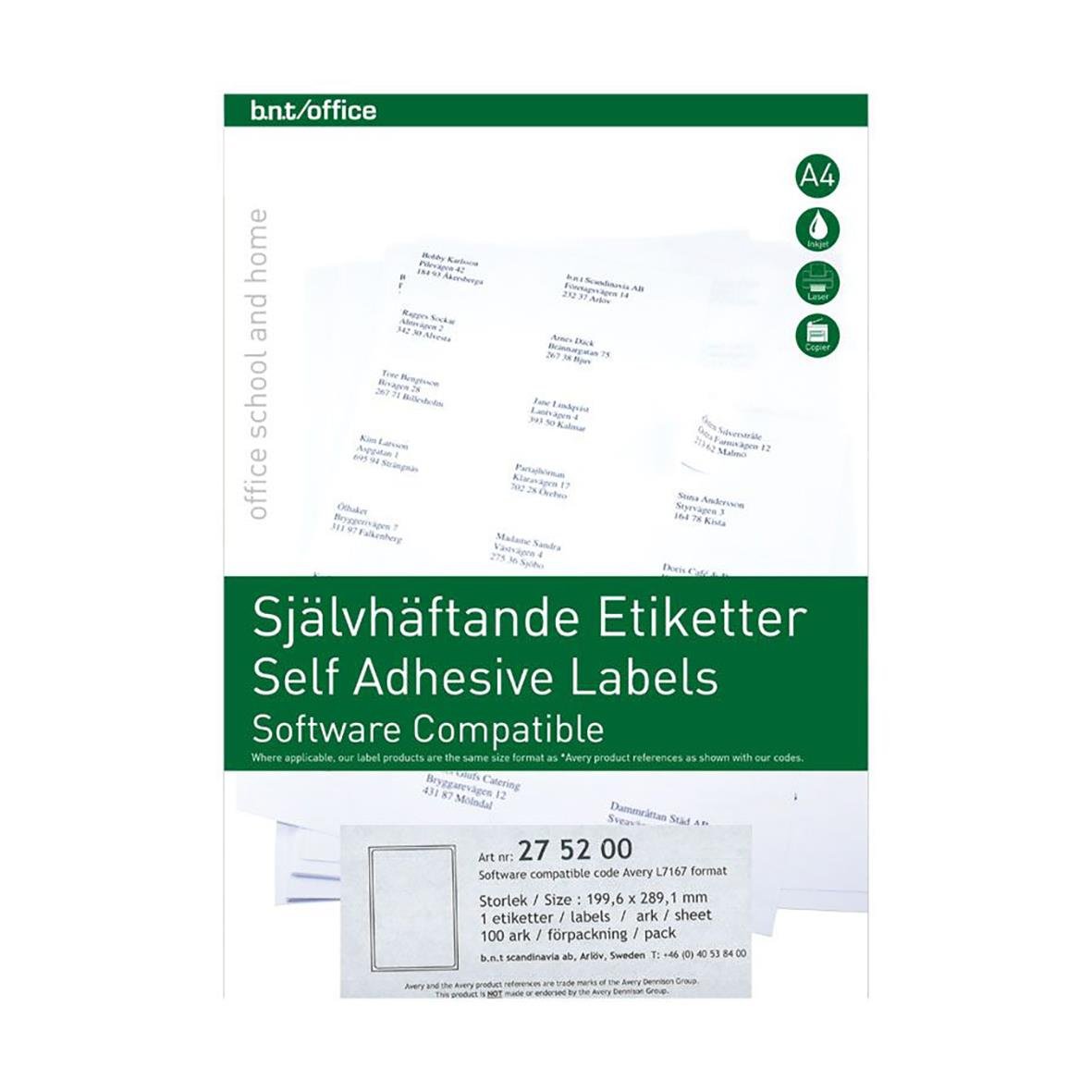 Etikett Laser 289x199mm A4 för självklistrande etiketter, kompatibel med programvara, på A4-ark