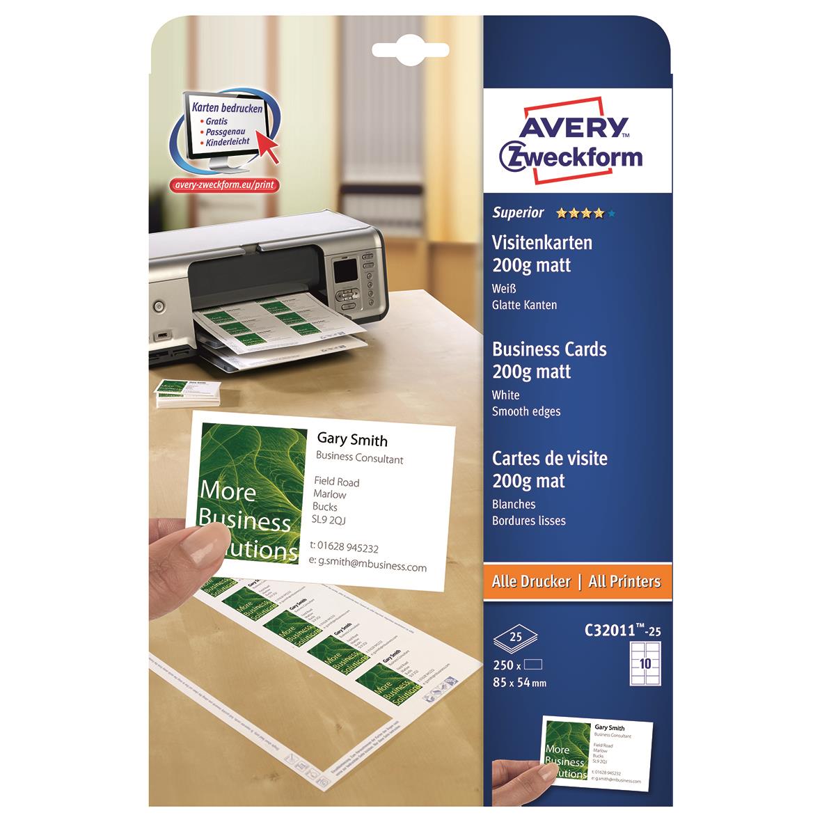 Visitkort Avery Quick & Clean 200g 85x54mm, utskriftsvänligt papper för inkjet och laser, visar en skrivare som skriver ut visitkort