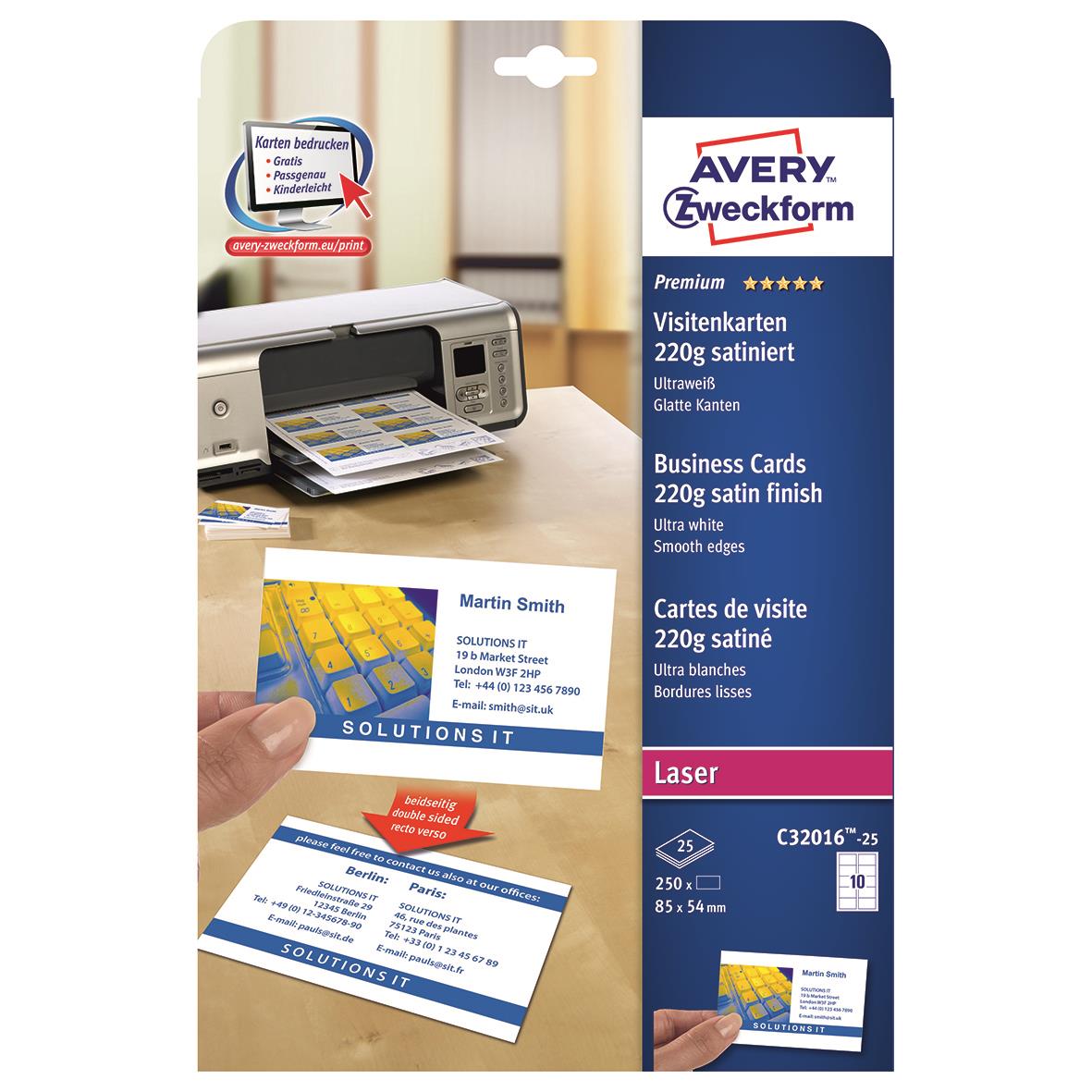 Visitkort Avery Quick & Clean färglaser 220g 85x54mm för utskrift