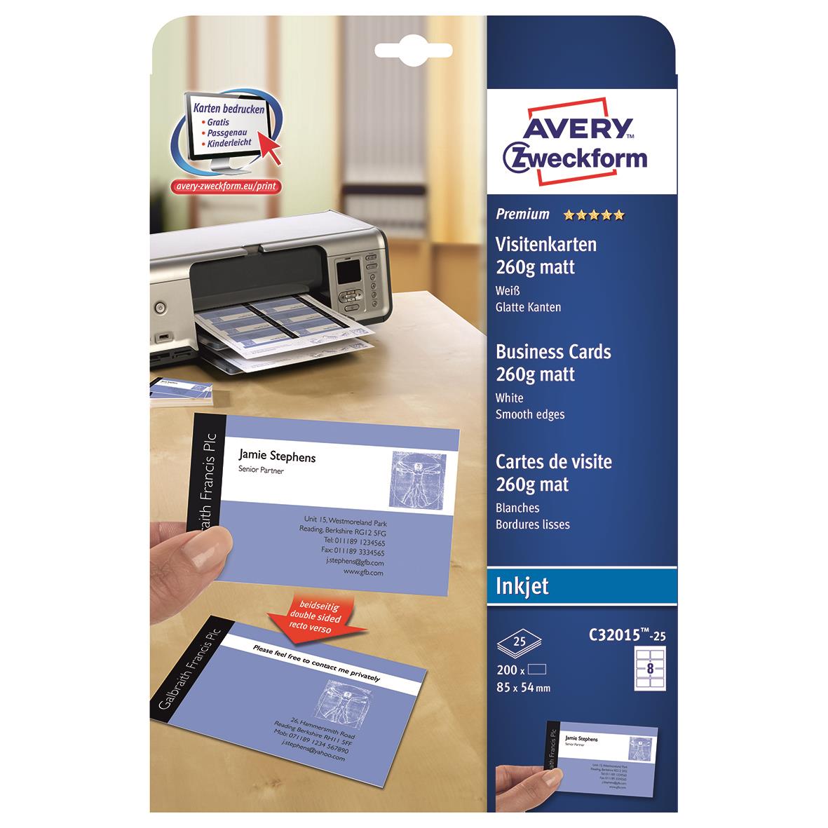 Visitkort Avery Quick & Clean inkjet 260g 85x54mm för utskrift, vit, 200 ark