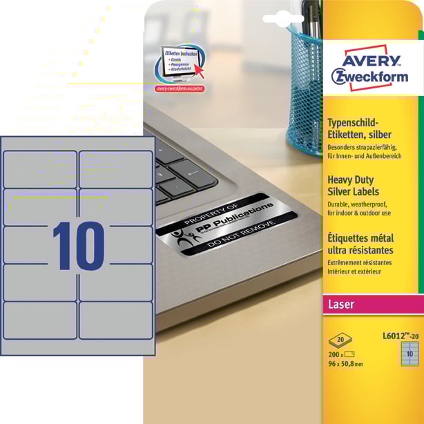 Avery L6012 Heavy Duty Silver Laseretiketter 96x50,8mm, 10 etiketter per ark, 20 ark