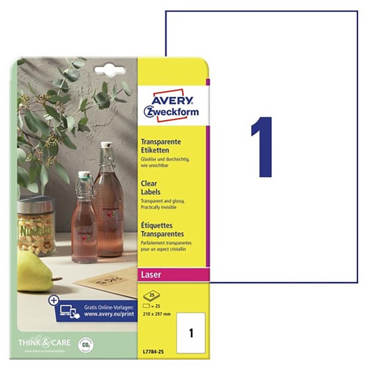 Transparenta laseretiketter Avery L7784 Crystal Clear 210x297mm för utskrift