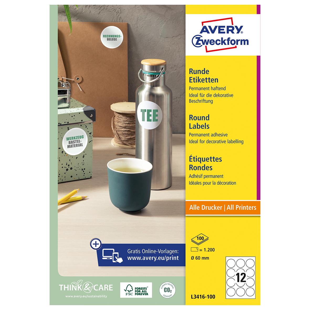 Runda etiketter Avery L3416 Ø60mm för dekorativ märkning, permanent klister, 100 etiketter per förpackning