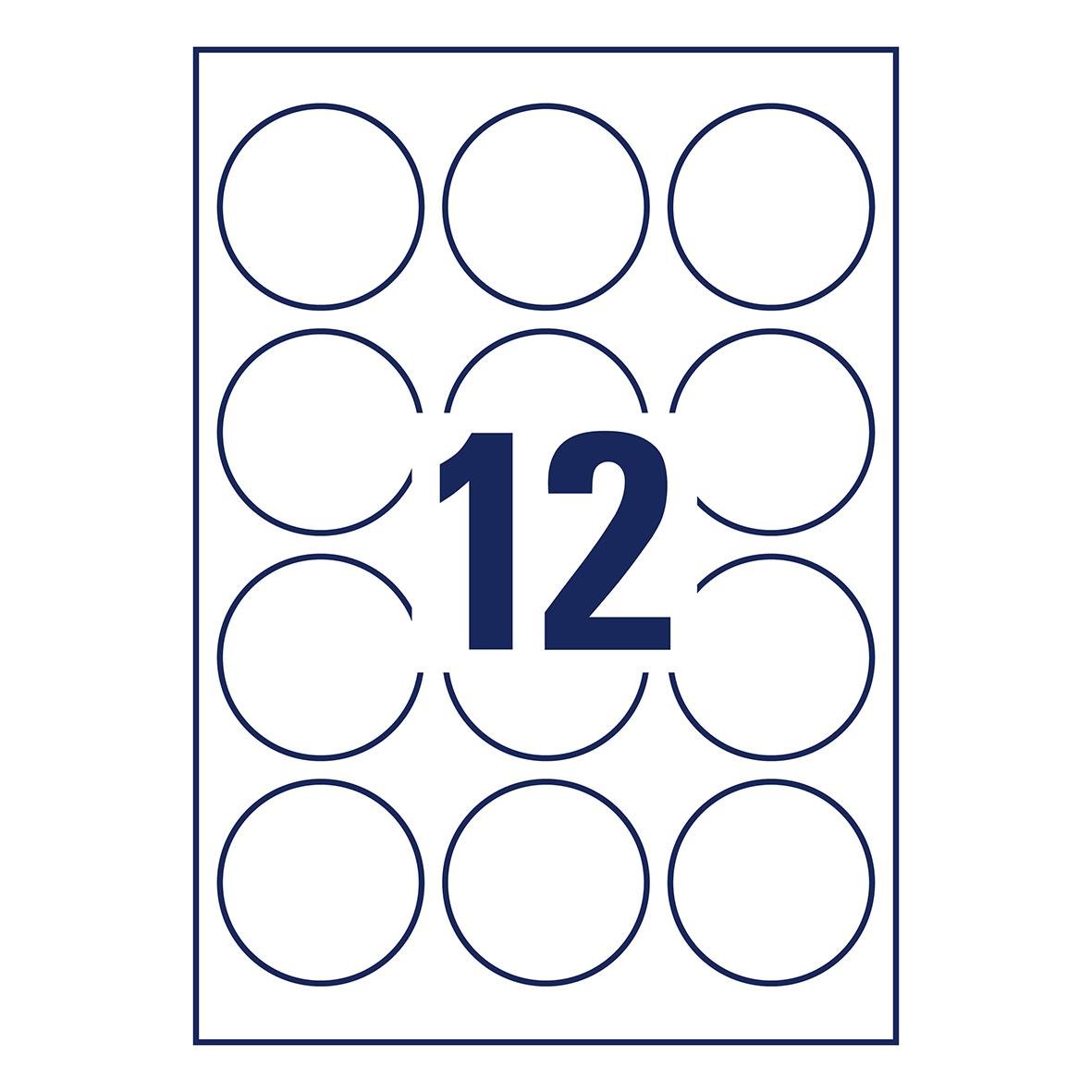 Rund etikett med 12 cirklar och stor siffra 12 i mitten, för Avery L3416, diameter 60mm