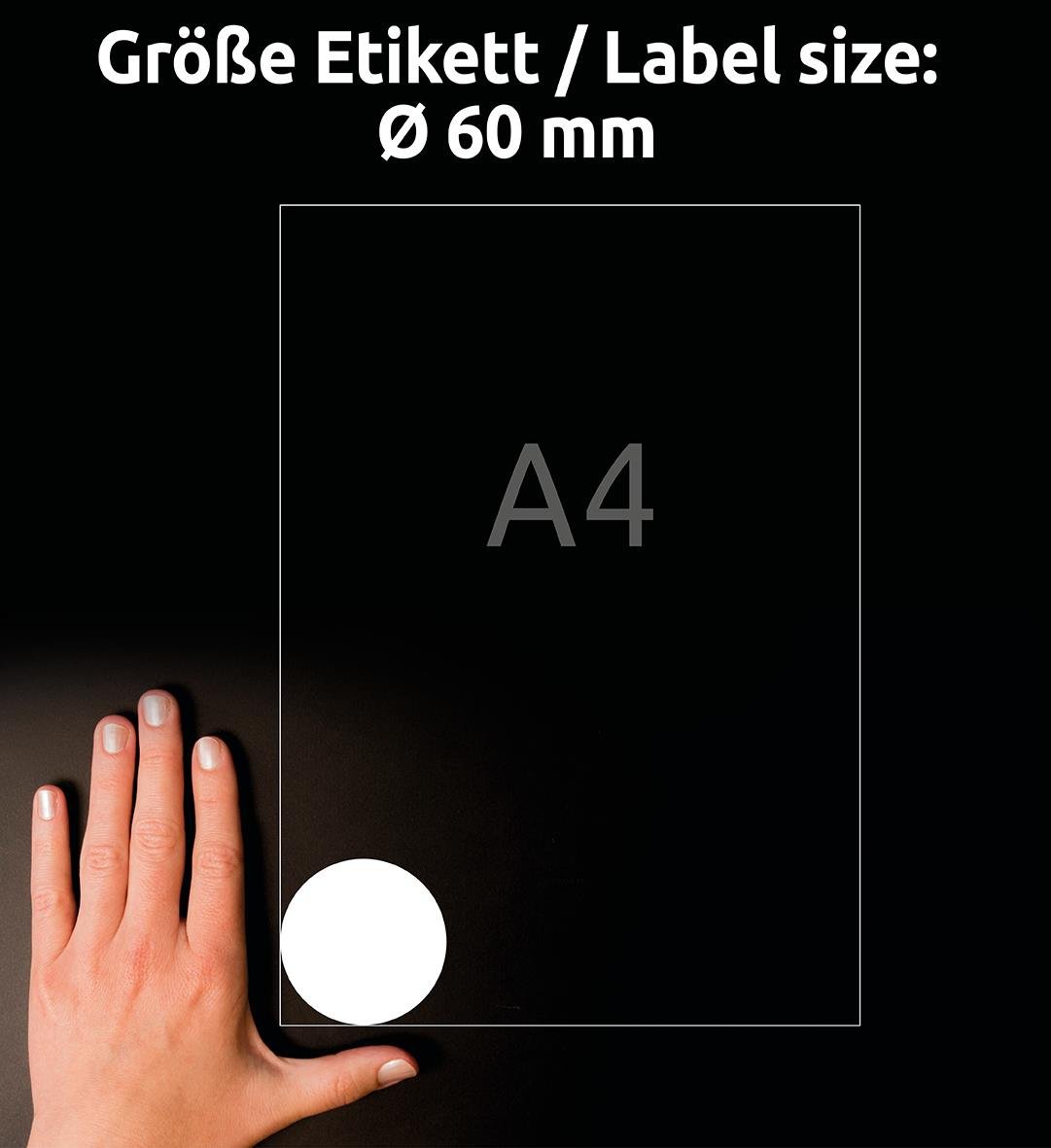 Rund universaletikett Avery L3416 med diameter 60 mm visas på svart bakgrund, storlek A4