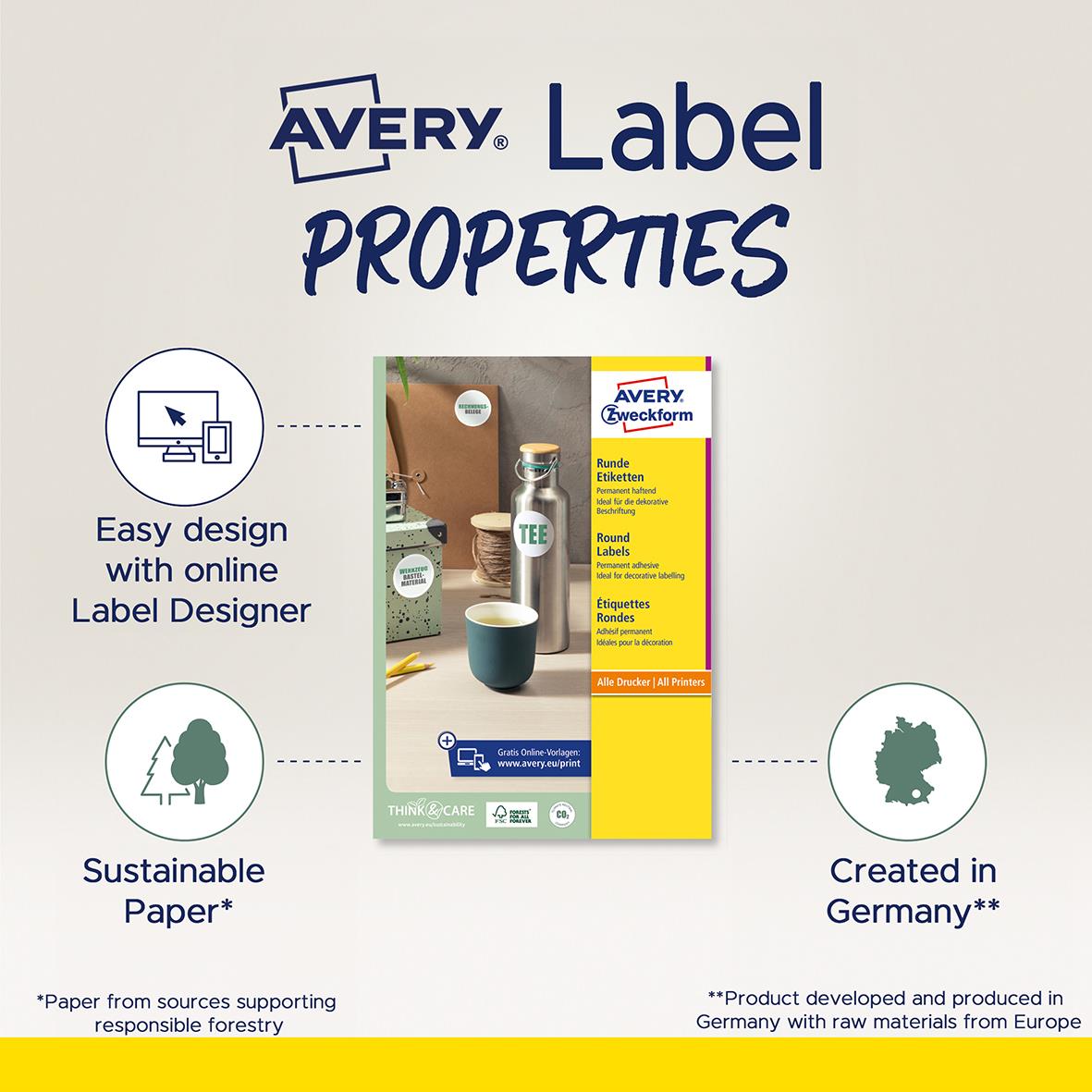 Universaletikett Avery L3416 Rund Ø60mm med online design, hållbart papper, tillverkad i Tyskland