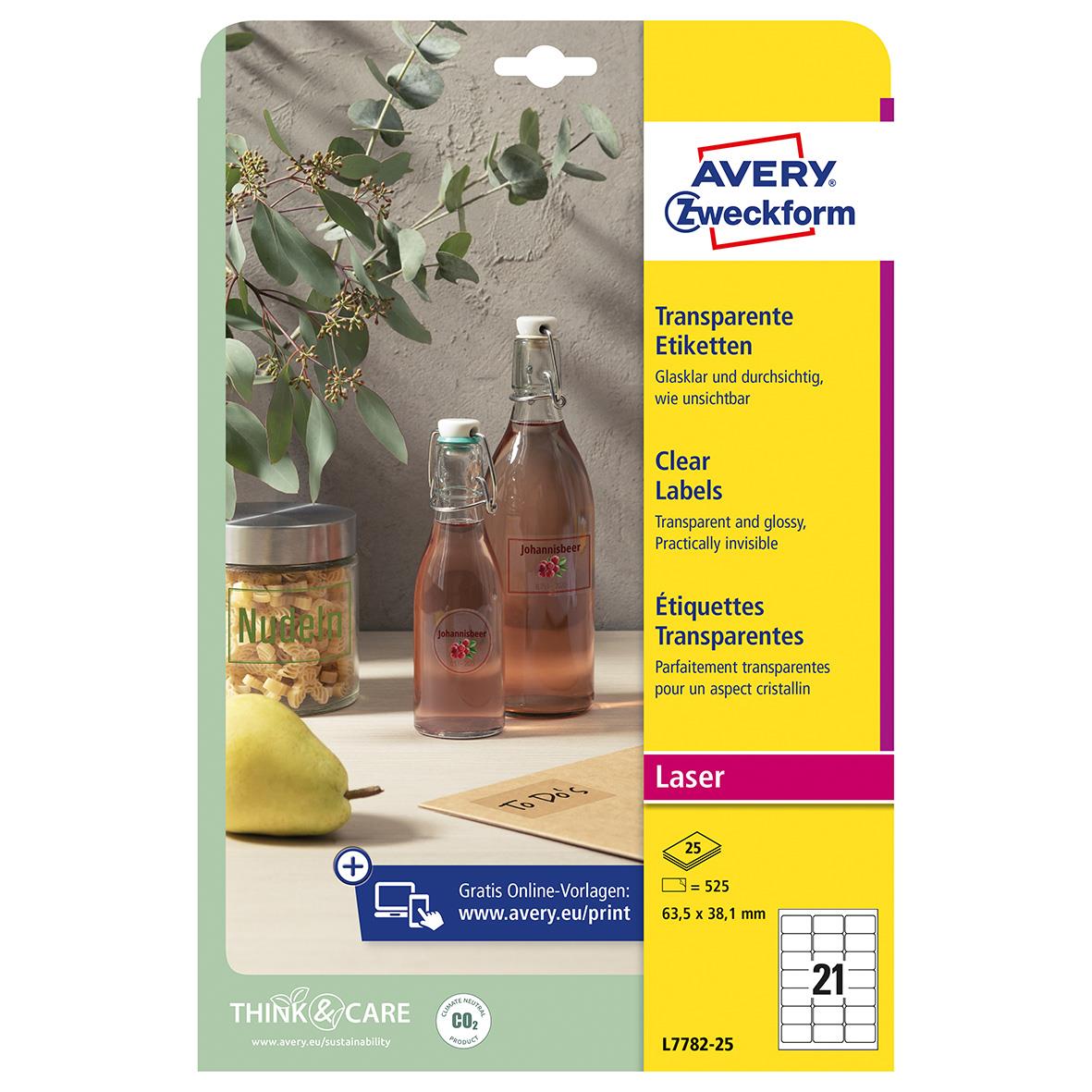 Transparenta laseretiketter Avery L7782 Crystal Clear 63,5x38,1mm, för glas och genomskinliga ytor