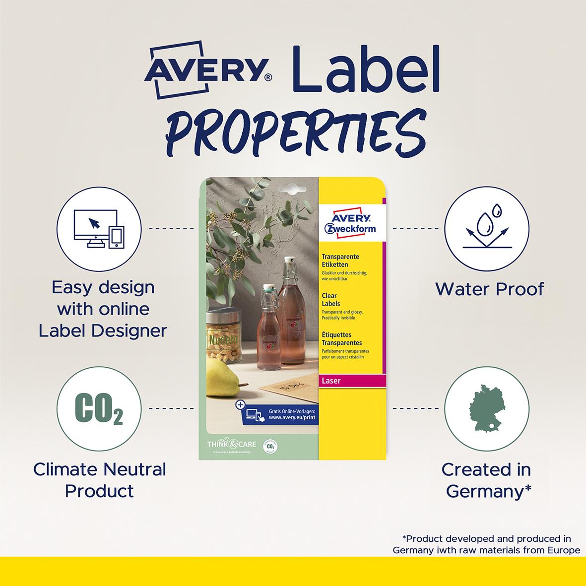Avery L7782 Crystal Clear laseretiketter 63,5x38,1mm, vattentäta och klimatneutrala, lätt att designa online