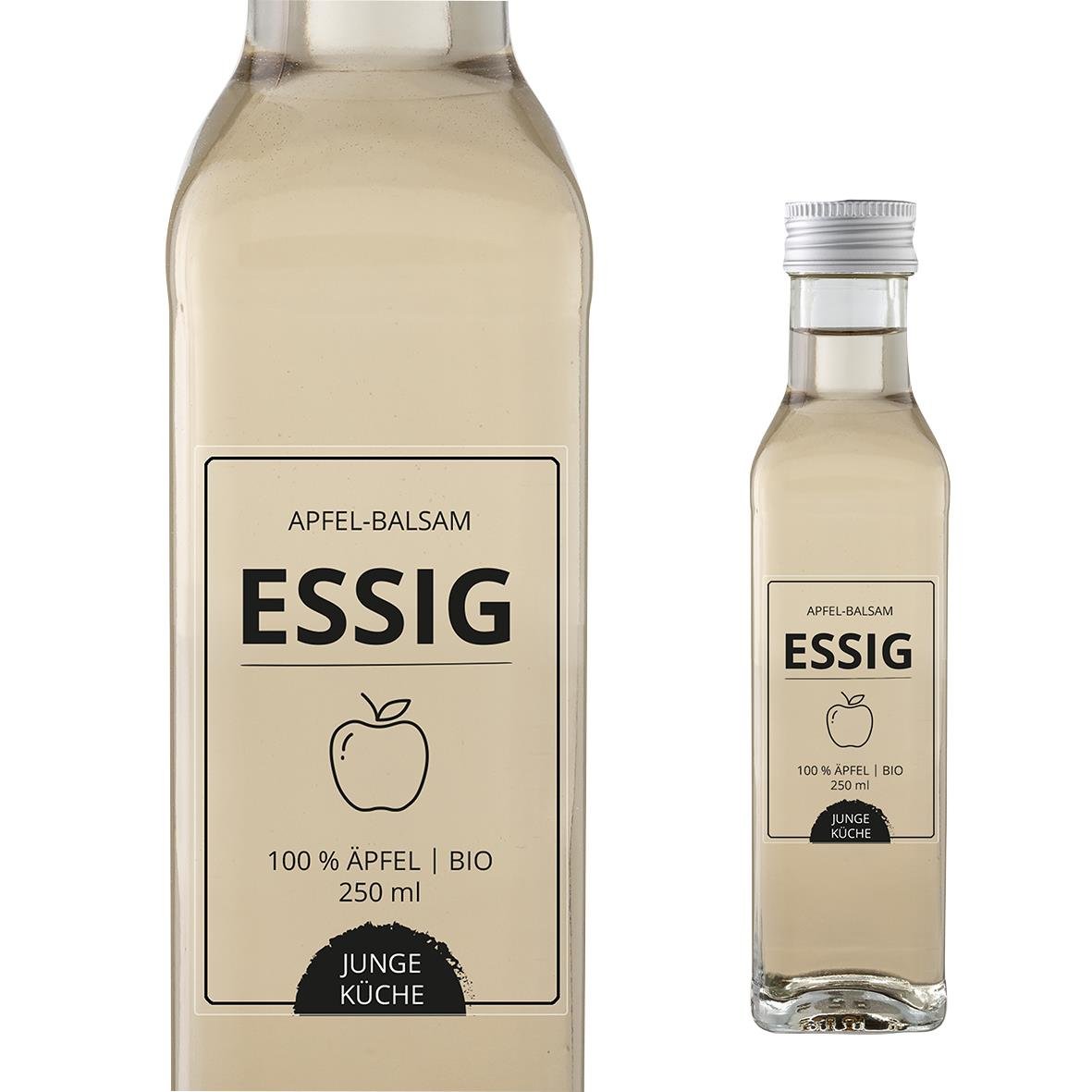 Vitt vinflaska med etikett för äppelcidervinäger, enkel design med äppleikon och text