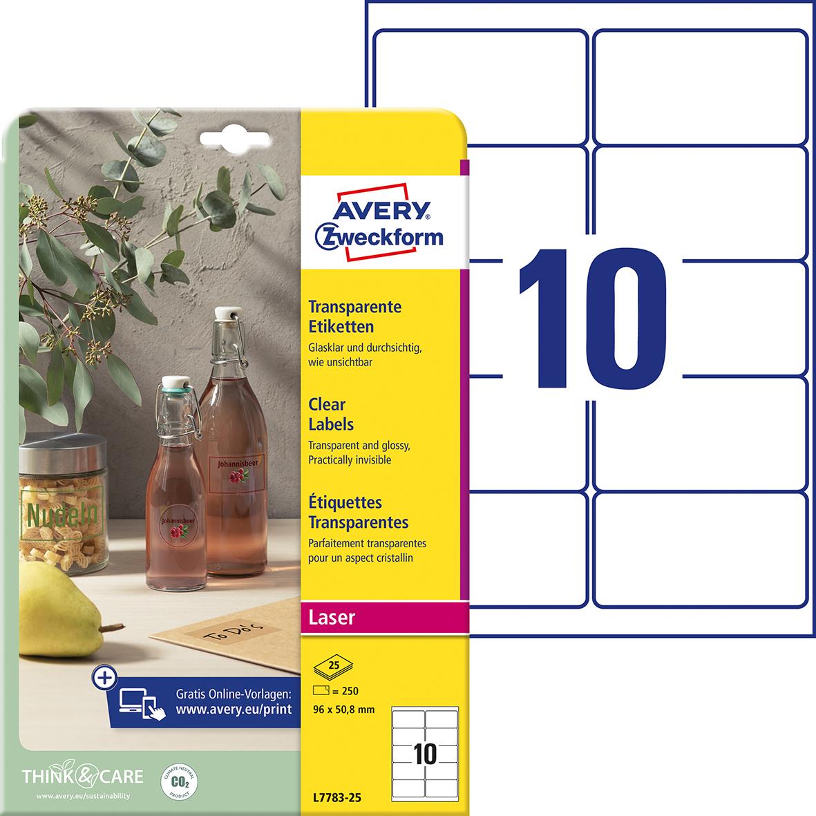 Förpackning med 10 transparenta laseretiketter Avery L7783 Crystal Clear 96x50,8mm