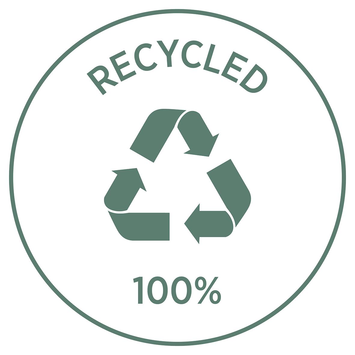 Rund återvinningsetikett med texten RECYCLED 100% och återvinningssymbol