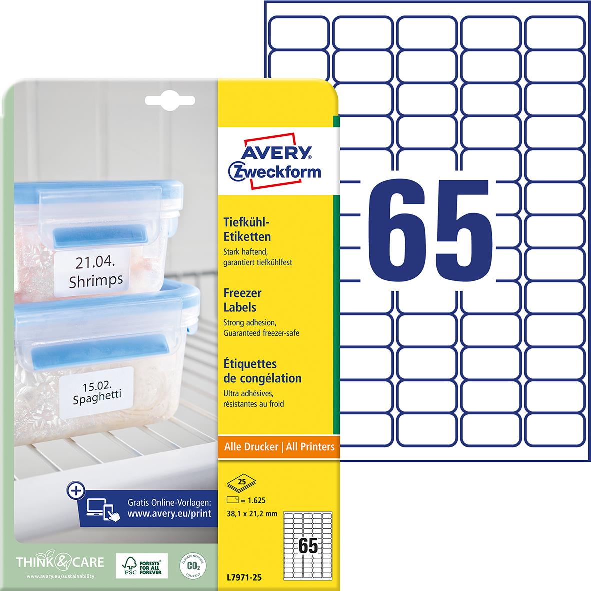 Vit frysetikett Avery Permanent L7971-25 med 65 etiketter, storlek 38,1x21,2mm, för frysdiskar