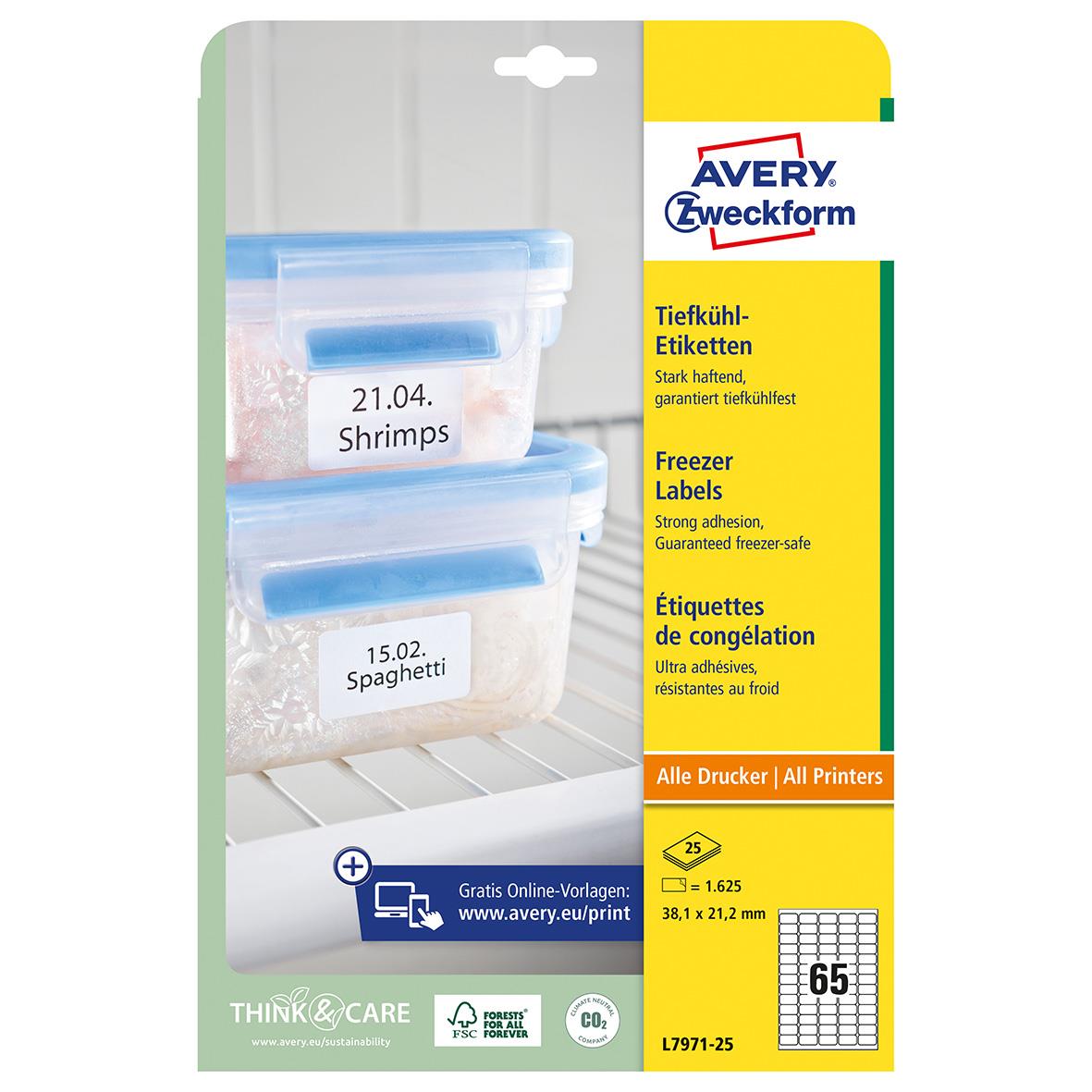 Vit frysetikett Avery Permanent L7971-25 38,1x21,2mm med exempeltexter för räkor och spaghetti