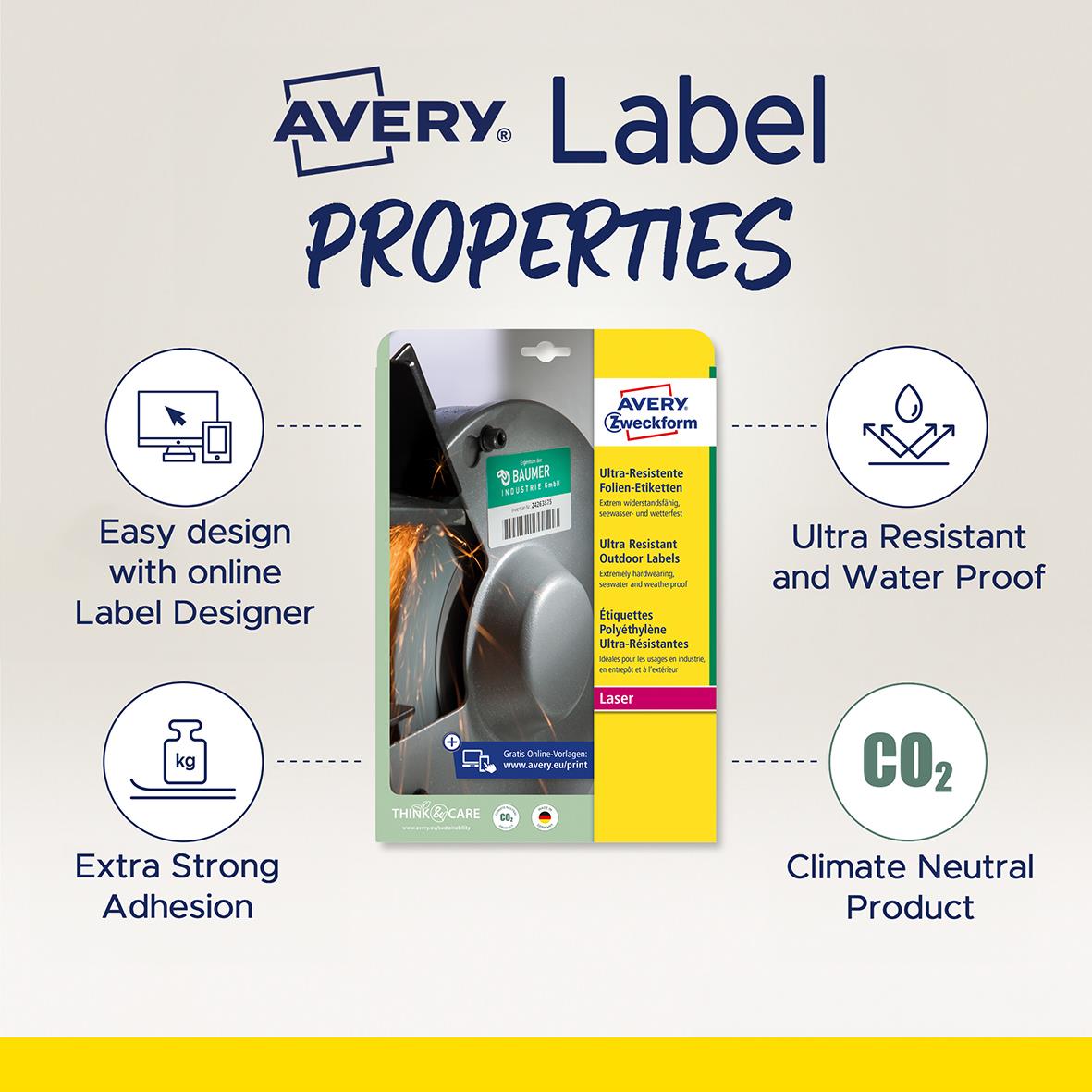 Frysetikett Avery Permanent L7971-25 vit 38,1x21,2mm med egenskaper som lätt design, stark adhesion, vattentät och klimatneutral