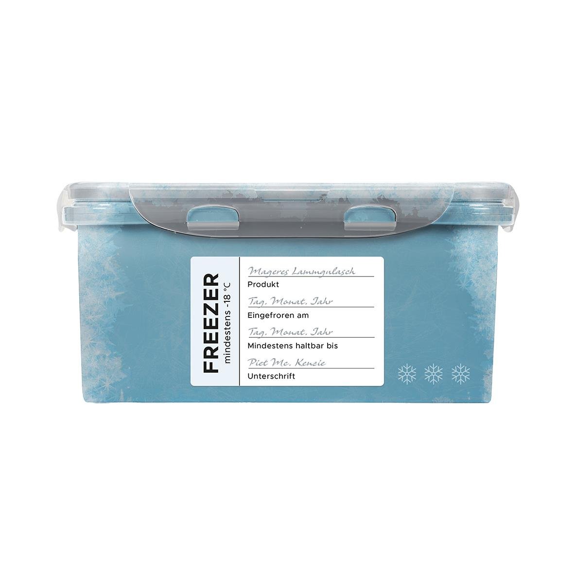 Vit frysetikett Avery Permanent L7971-25 med måtten 38,1x21,2mm på plastlåda