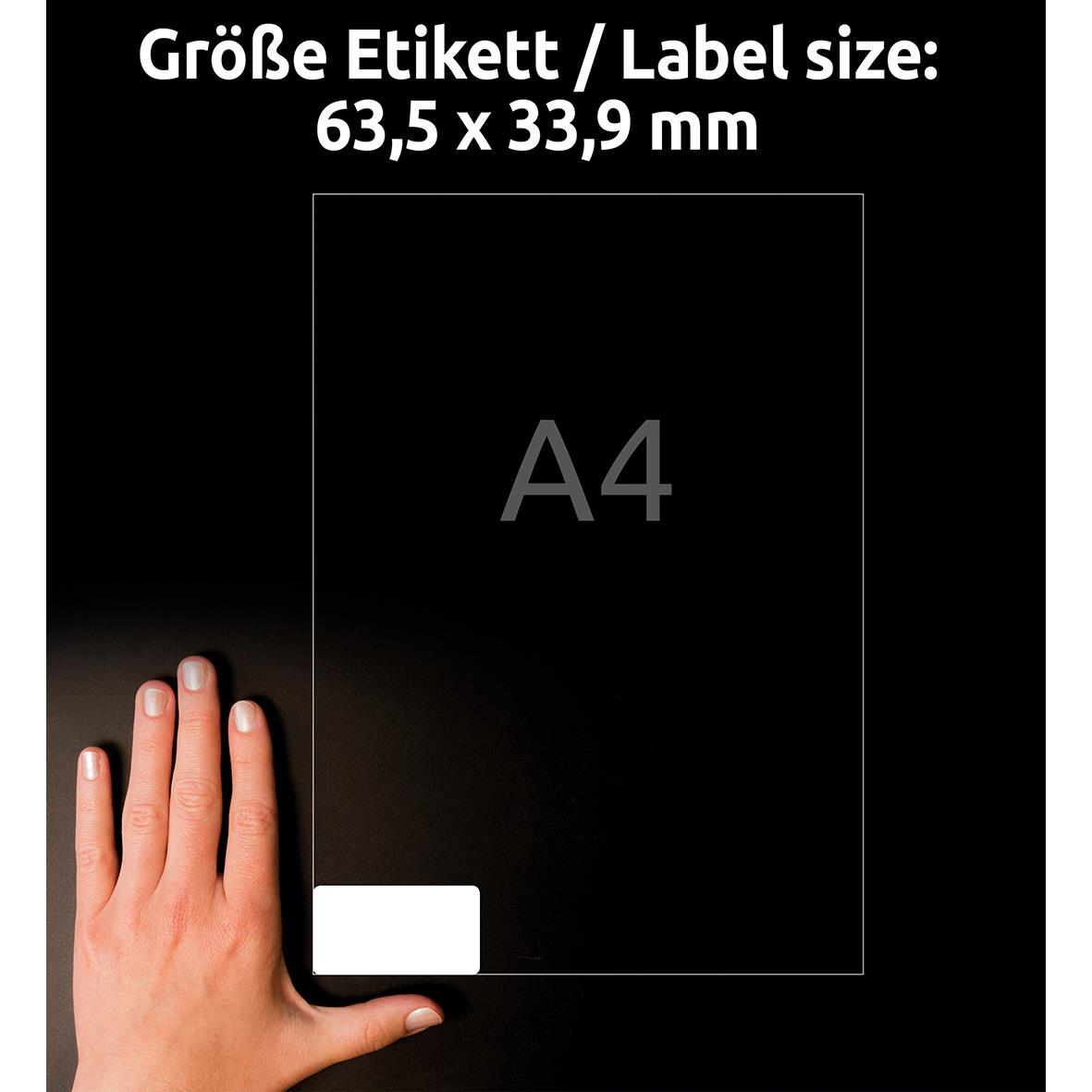 Vit frysetikett Avery Permanent L7970-25, storlek 63,5x33,9mm, visar ett A4-ark med etiketten