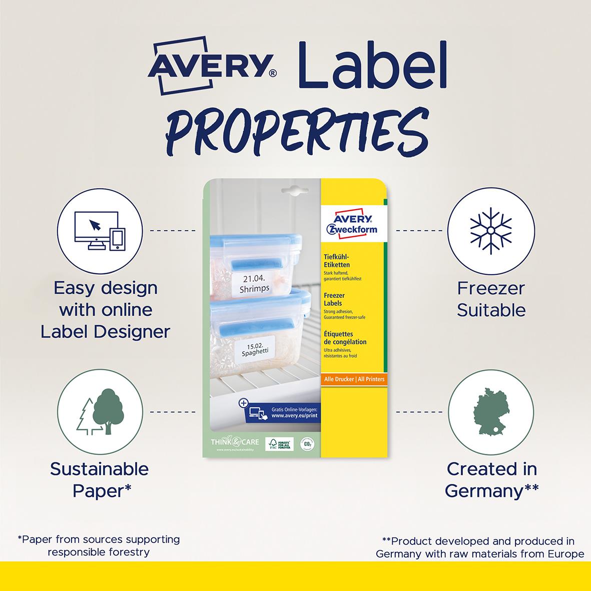 Frysetikett Avery Permanent L7970-25 vit 63,5x33,9mm för frysen, lätt att designa online, tillverkat i hållbart papper, producerat i Tyskland