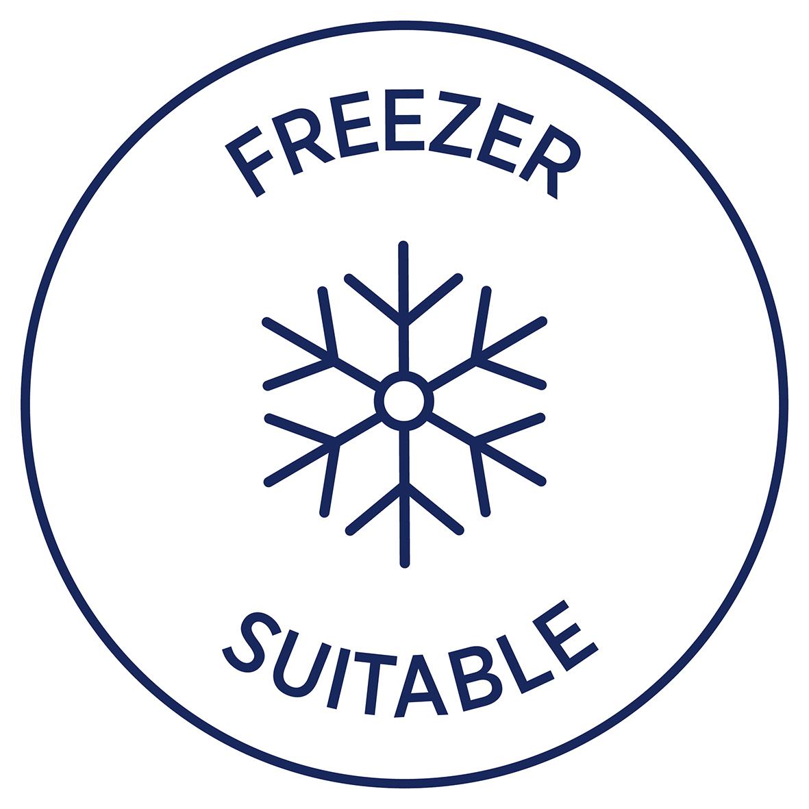 Frysetikett med snöflinga och texten Fryser Suitable i blått på vit bakgrund